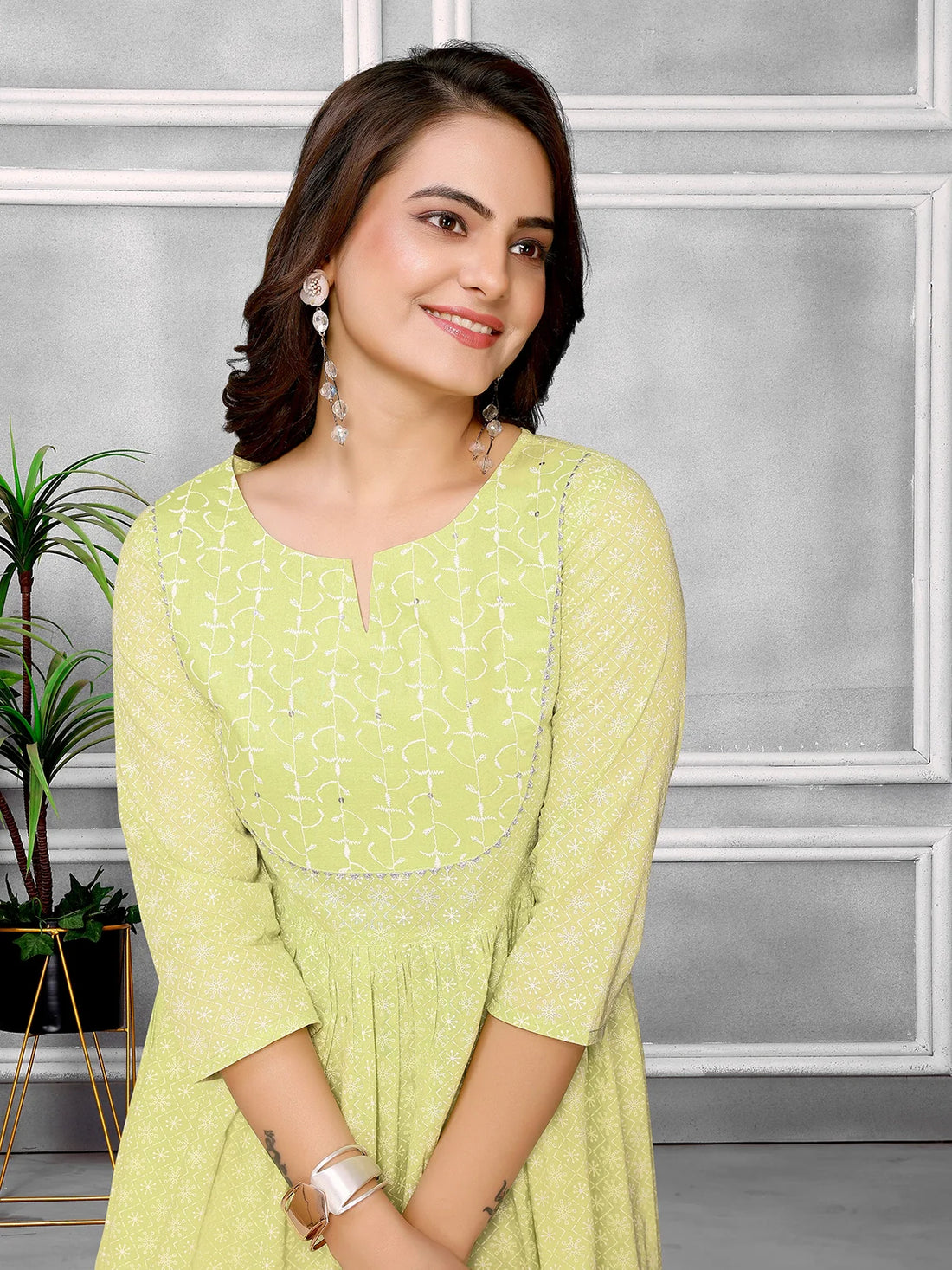 Buy Cotton Sequined Calf Length Anarkali Kurta With Pant-Lime Green