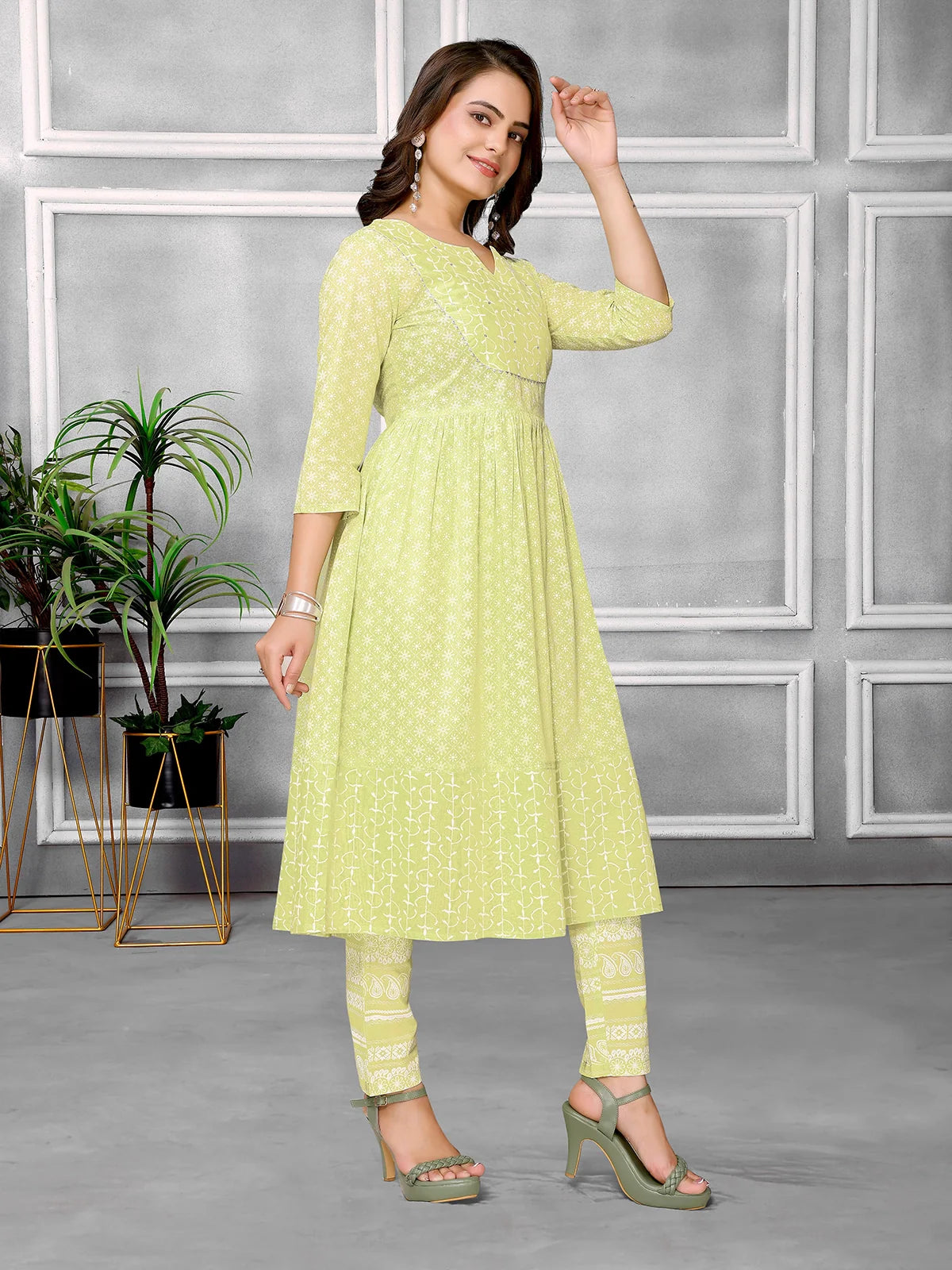 Buy Cotton Sequined Calf Length Anarkali Kurta With Pant-Lime Green