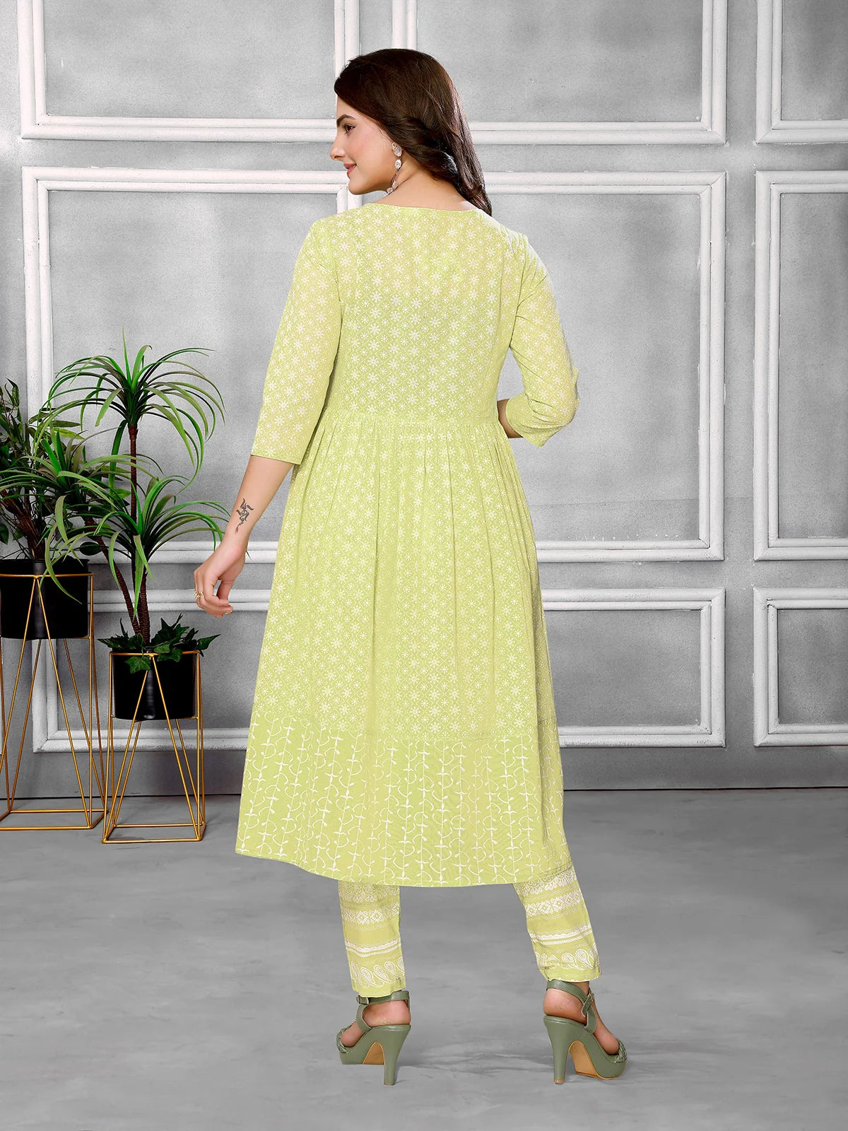 Buy Cotton Sequined Calf Length Anarkali Kurta With Pant-Lime Green