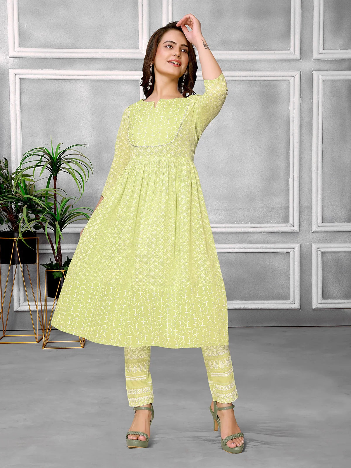 Buy Cotton Sequined Calf Length Anarkali Kurta With Pant-Lime Green