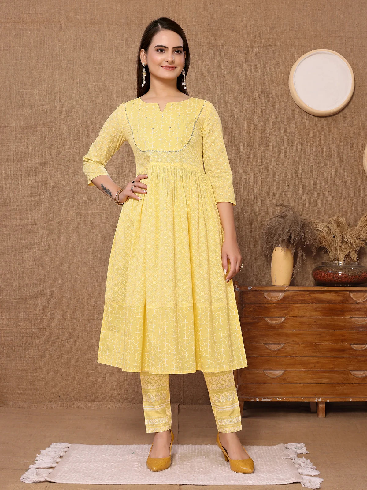 Buy Cotton Sequined Calf Length Anarkali Kurta With Pant-Lime Green