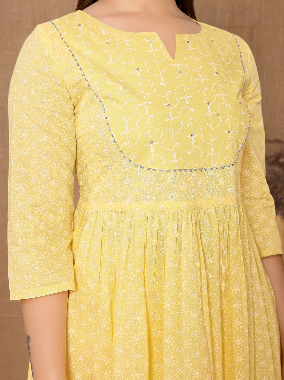 Buy Cotton Sequined Calf Length Anarkali Kurta With Pant-Yellow