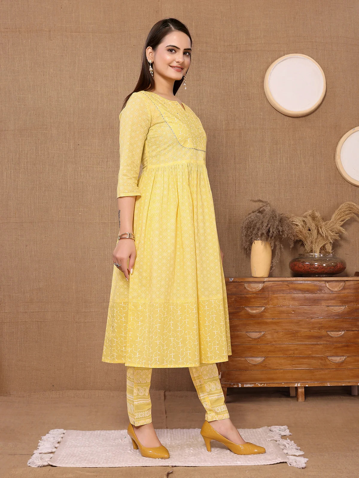 Buy Cotton Sequined Calf Length Anarkali Kurta With Pant-Yellow