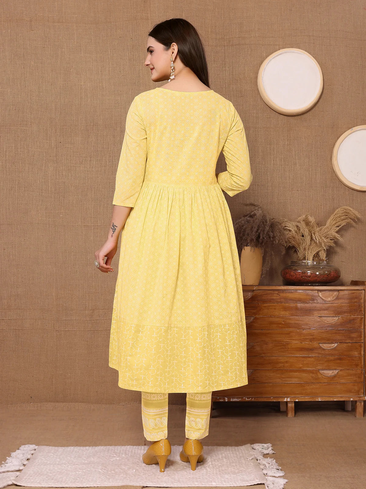 Buy Cotton Sequined Calf Length Anarkali Kurta With Pant-Yellow