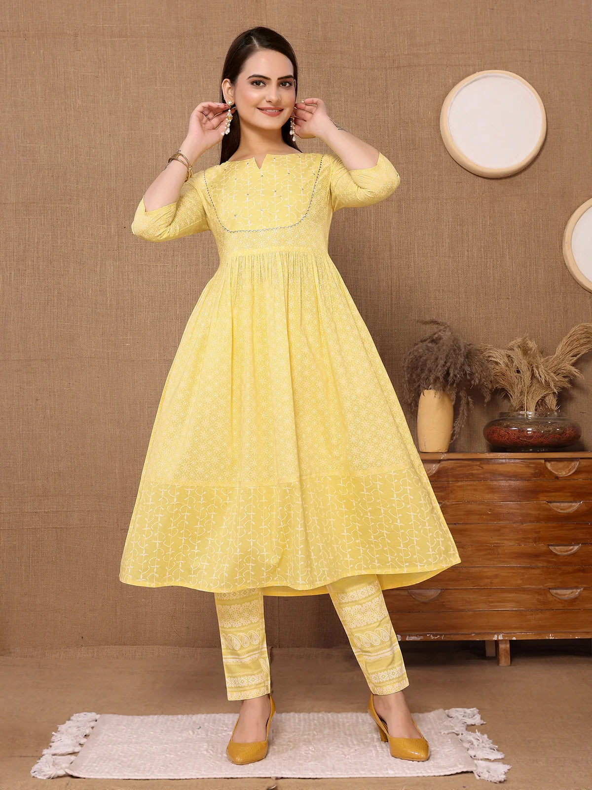 Buy Cotton Sequined Calf Length Anarkali Kurta With Pant-Yellow