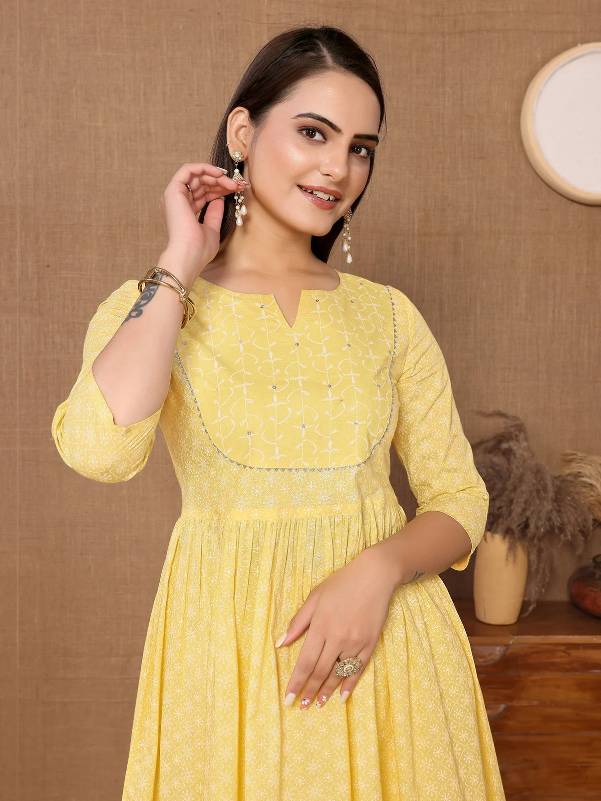 Buy Cotton Sequined Calf Length Anarkali Kurta With Pant-Yellow