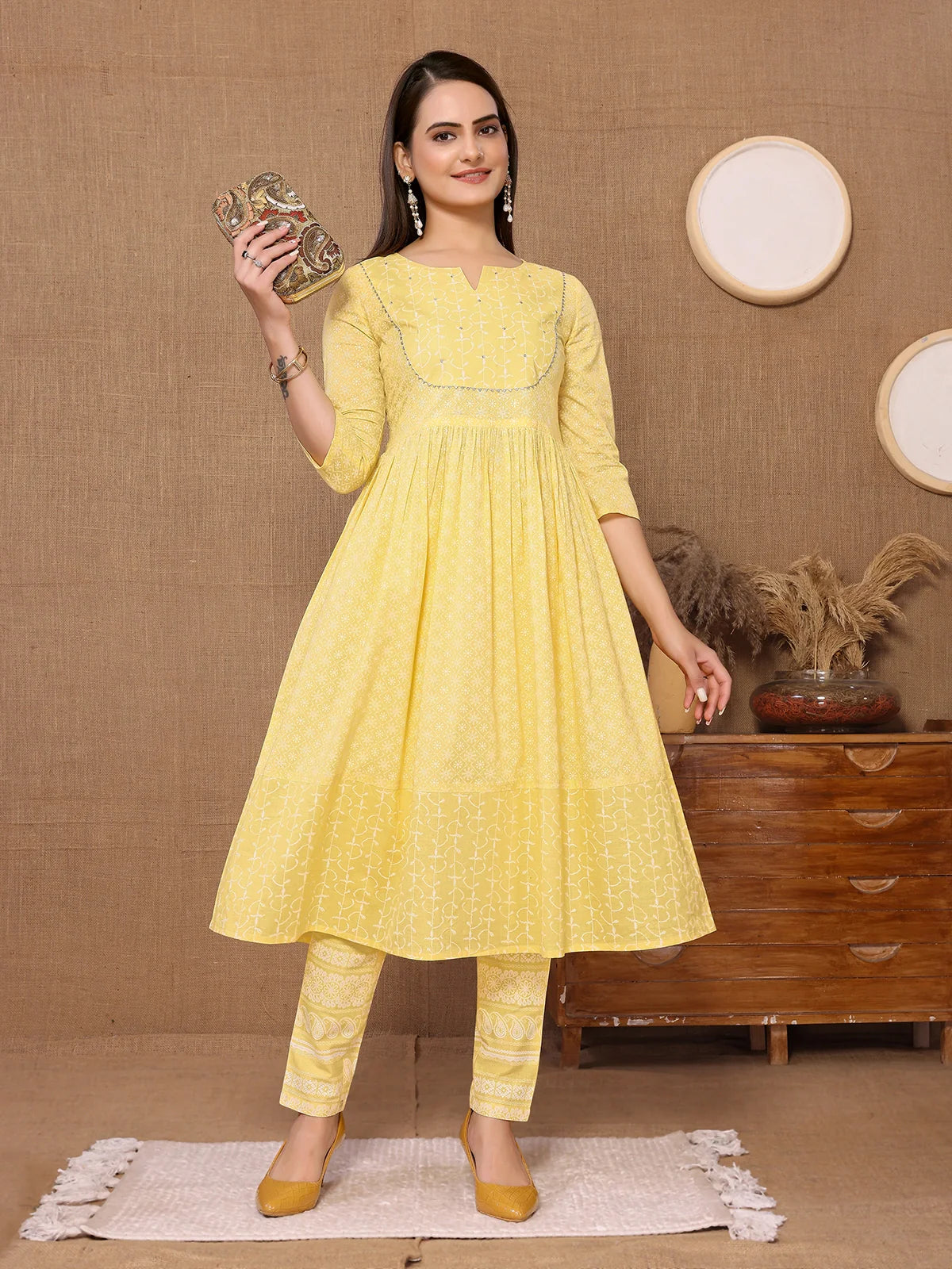 Buy Cotton Sequined Calf Length Anarkali Kurta With Pant-Yellow