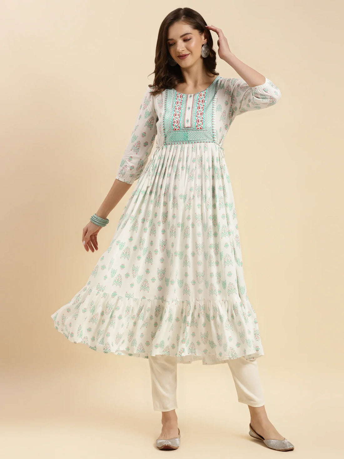 Buy Rayon Embroidered Calf Length Flared Kurta-Off White