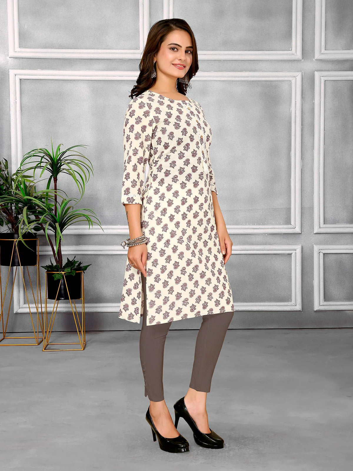 Buy Cotton Printed Knee Length Straight Kurta-Off White