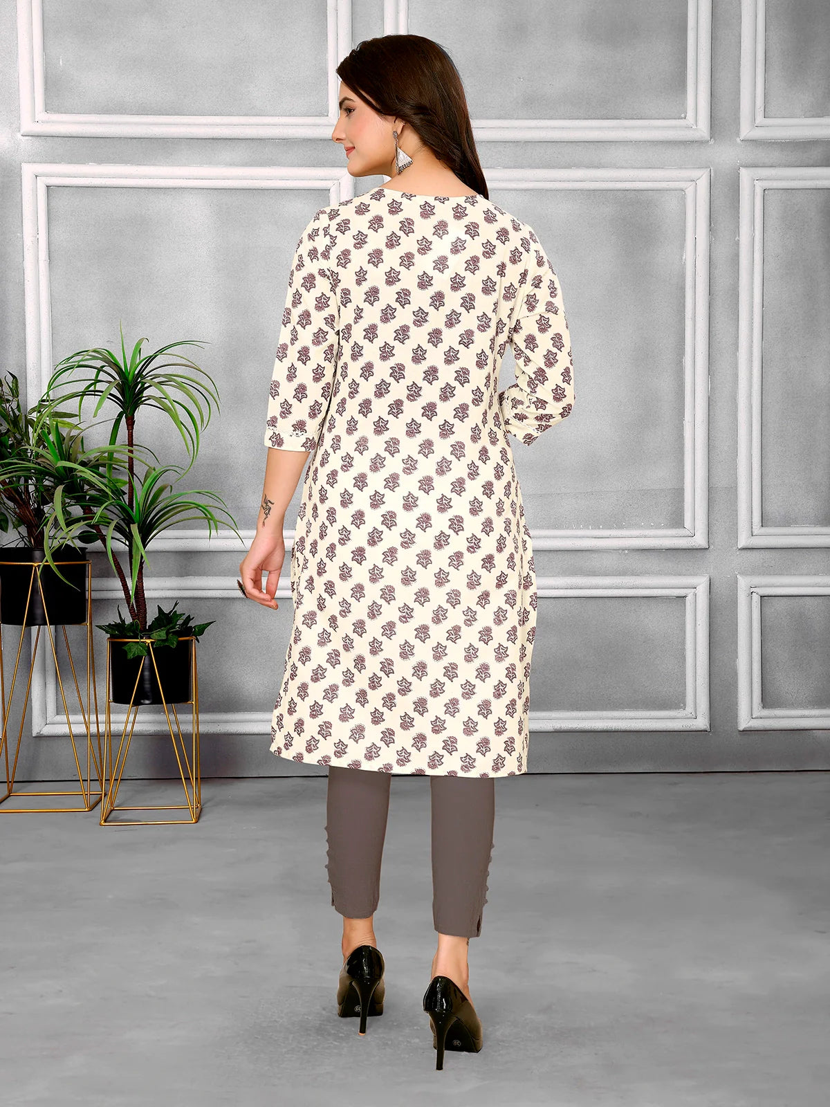 Buy Cotton Printed Knee Length Straight Kurta-Off White