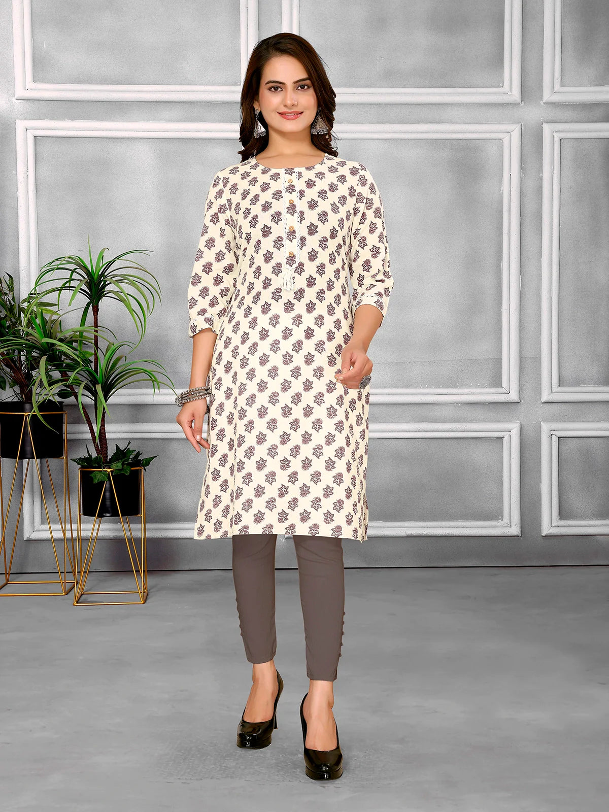 Buy Cotton Printed Knee Length Straight Kurta-Off White