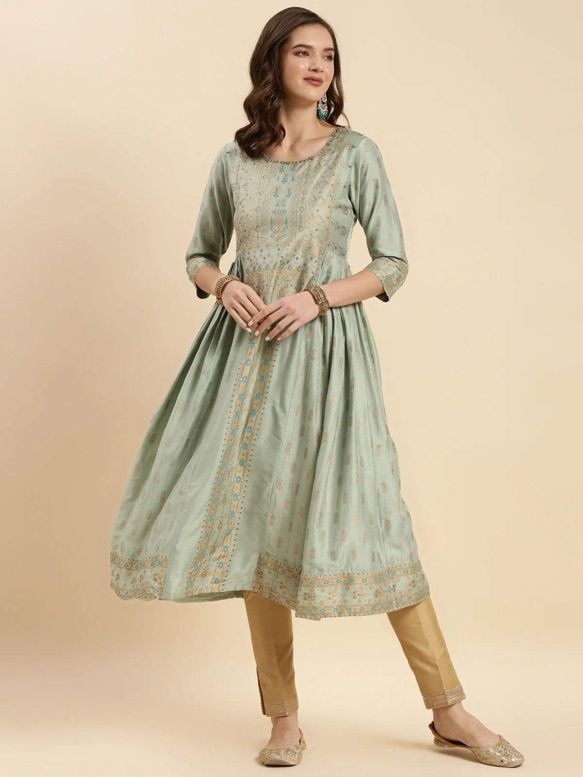 Buy Chanderi Printed Calf Length Flared Kurta-Mint Green