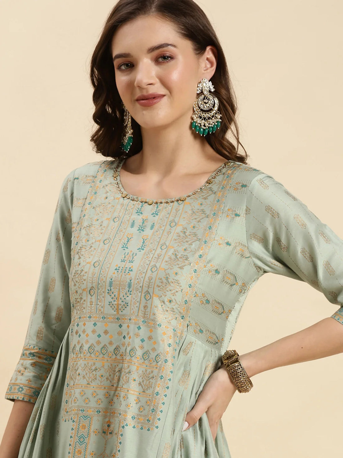 Buy Chanderi Printed Calf Length Flared Kurta-Mint Green