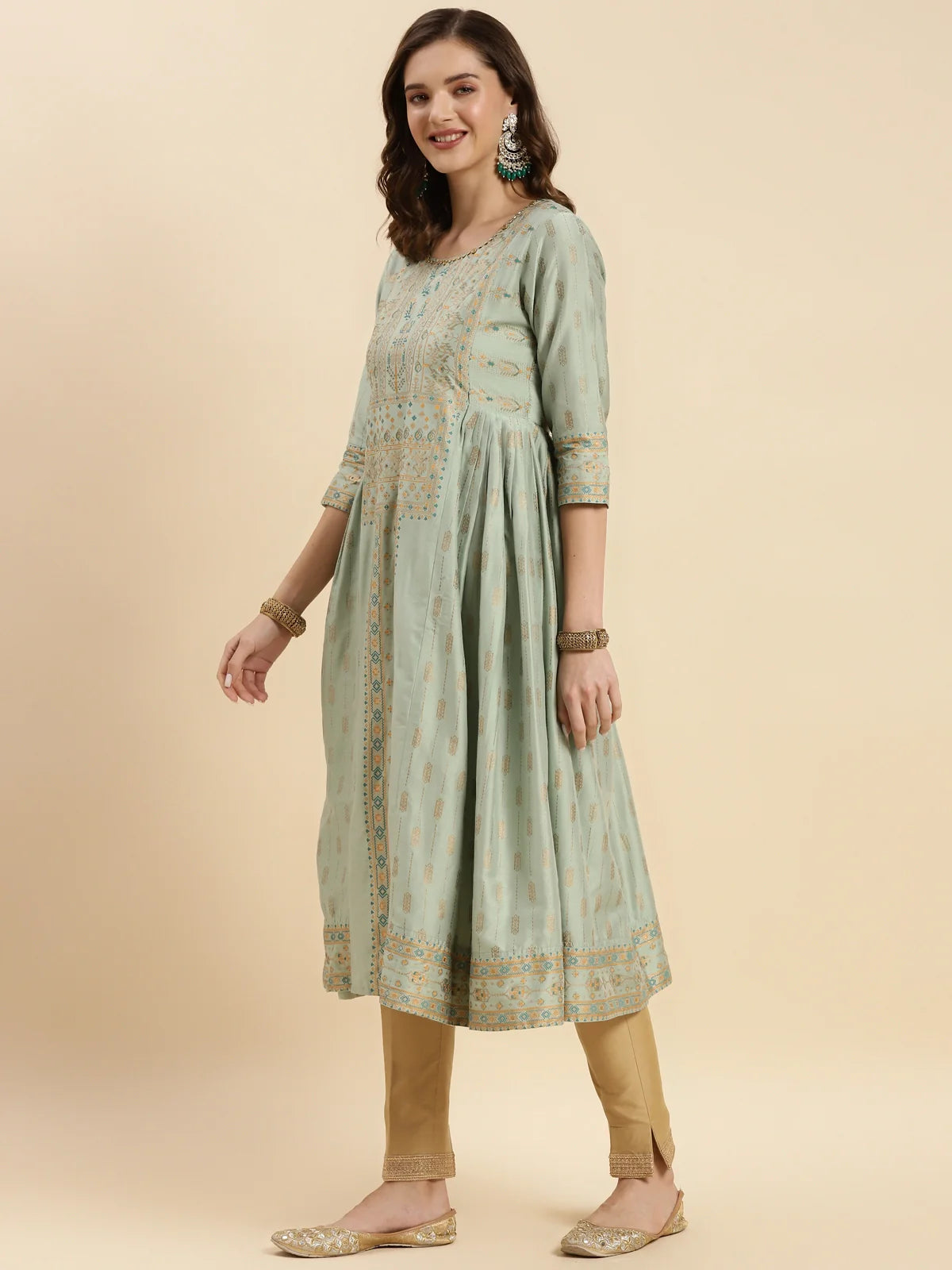 Buy Chanderi Printed Calf Length Flared Kurta-Mint Green