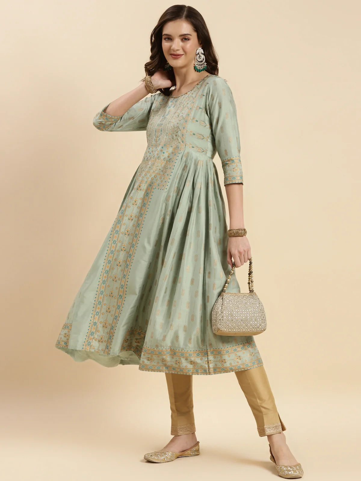 Buy Chanderi Printed Calf Length Flared Kurta-Mint Green