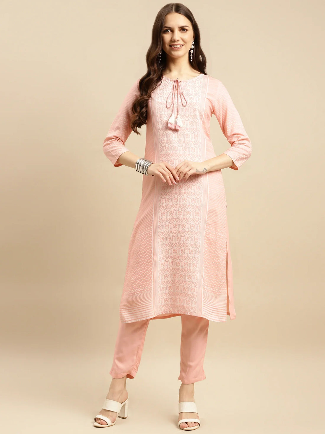 Buy Rayon Ethnic Placement Printed Calf Length Straight Kurta With Pant-Peach