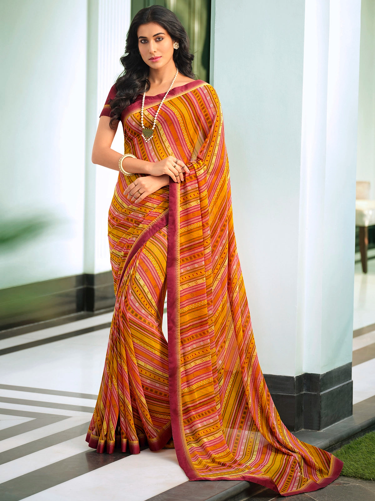 Buy Georgette Abstract Printed Saree With Lace Border & Blouse Piece-Orange