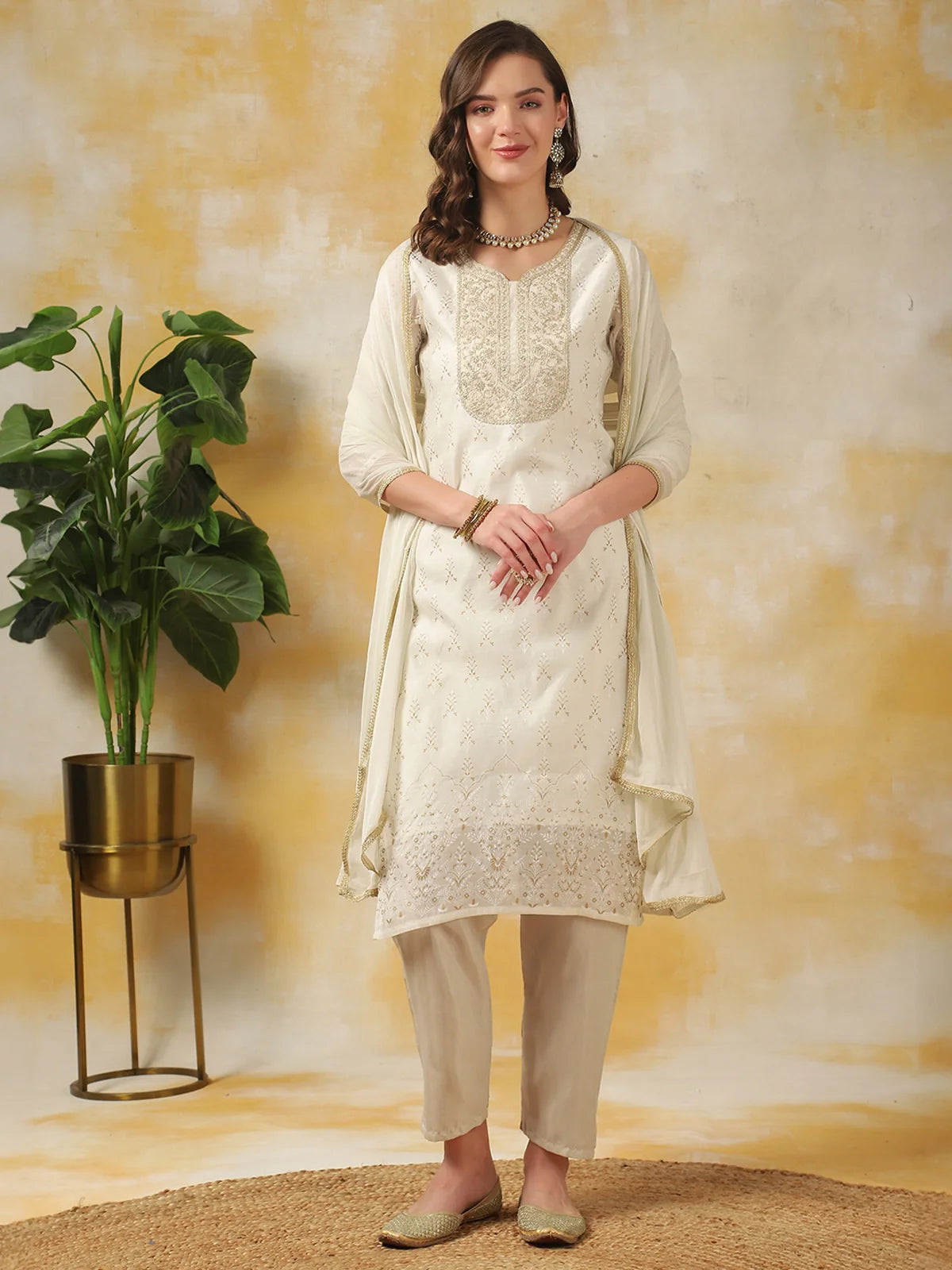 Buy Chanderi Zari Embroidred Straight Calf Length Kurta With Pant And Dupatta Set-Off White