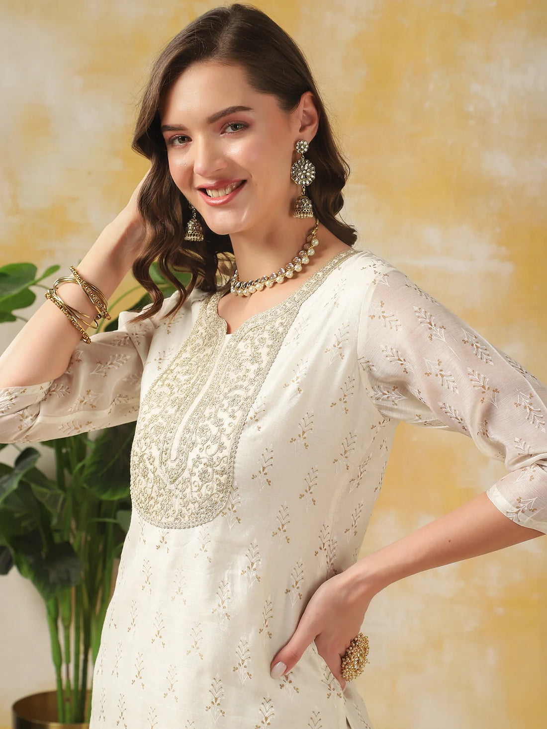 Buy Chanderi Zari Embroidred Straight Calf Length Kurta With Pant And Dupatta Set-Off White