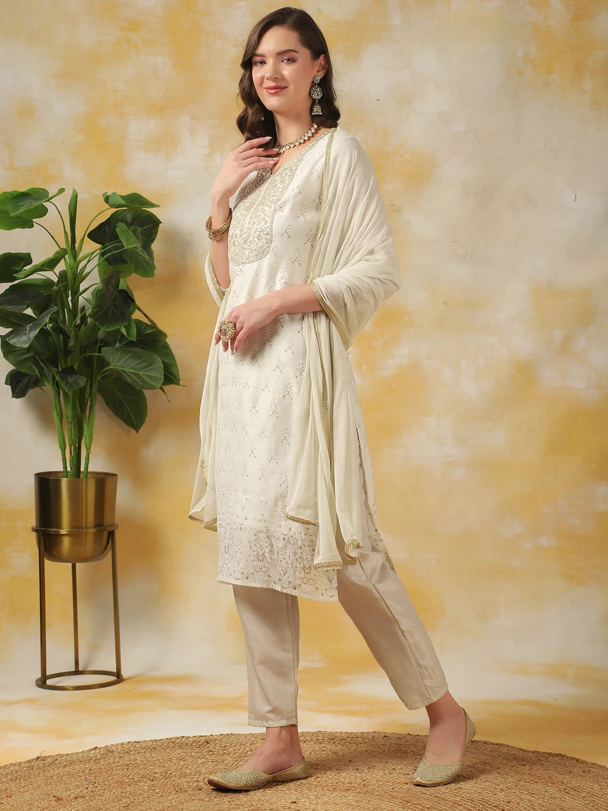 Buy Chanderi Zari Embroidred Straight Calf Length Kurta With Pant And Dupatta Set-Off White