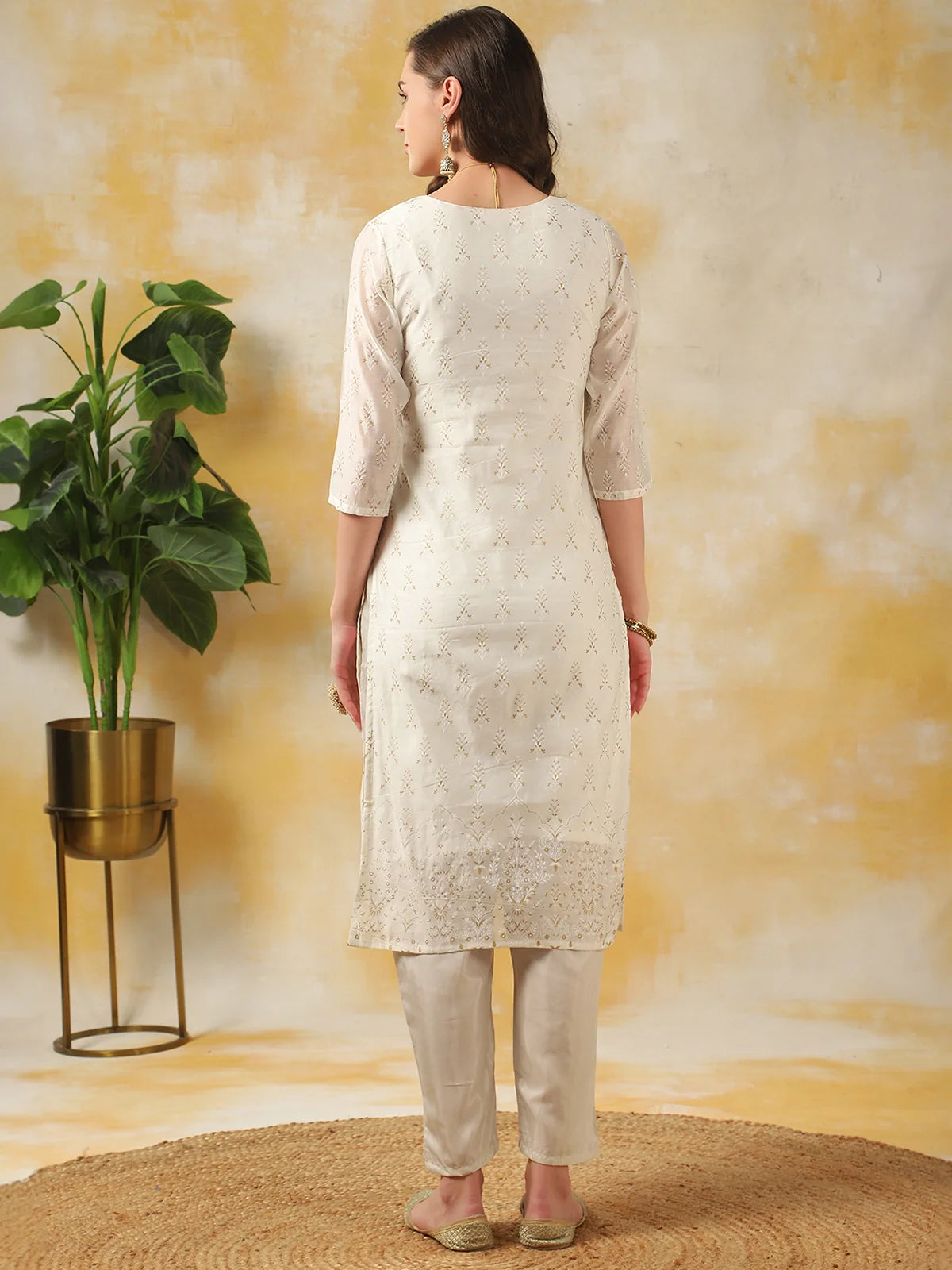 Buy Chanderi Zari Embroidred Straight Calf Length Kurta With Pant And Dupatta Set-Off White