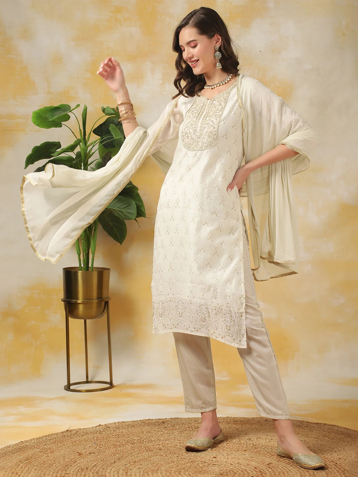 Buy Chanderi Zari Embroidred Straight Calf Length Kurta With Pant And Dupatta Set-Off White