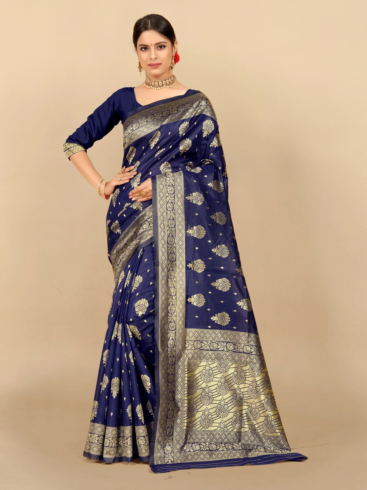 Buy Ethnic Motifs Woven Banarasi Silk Saree With Blouse Piece-Blue