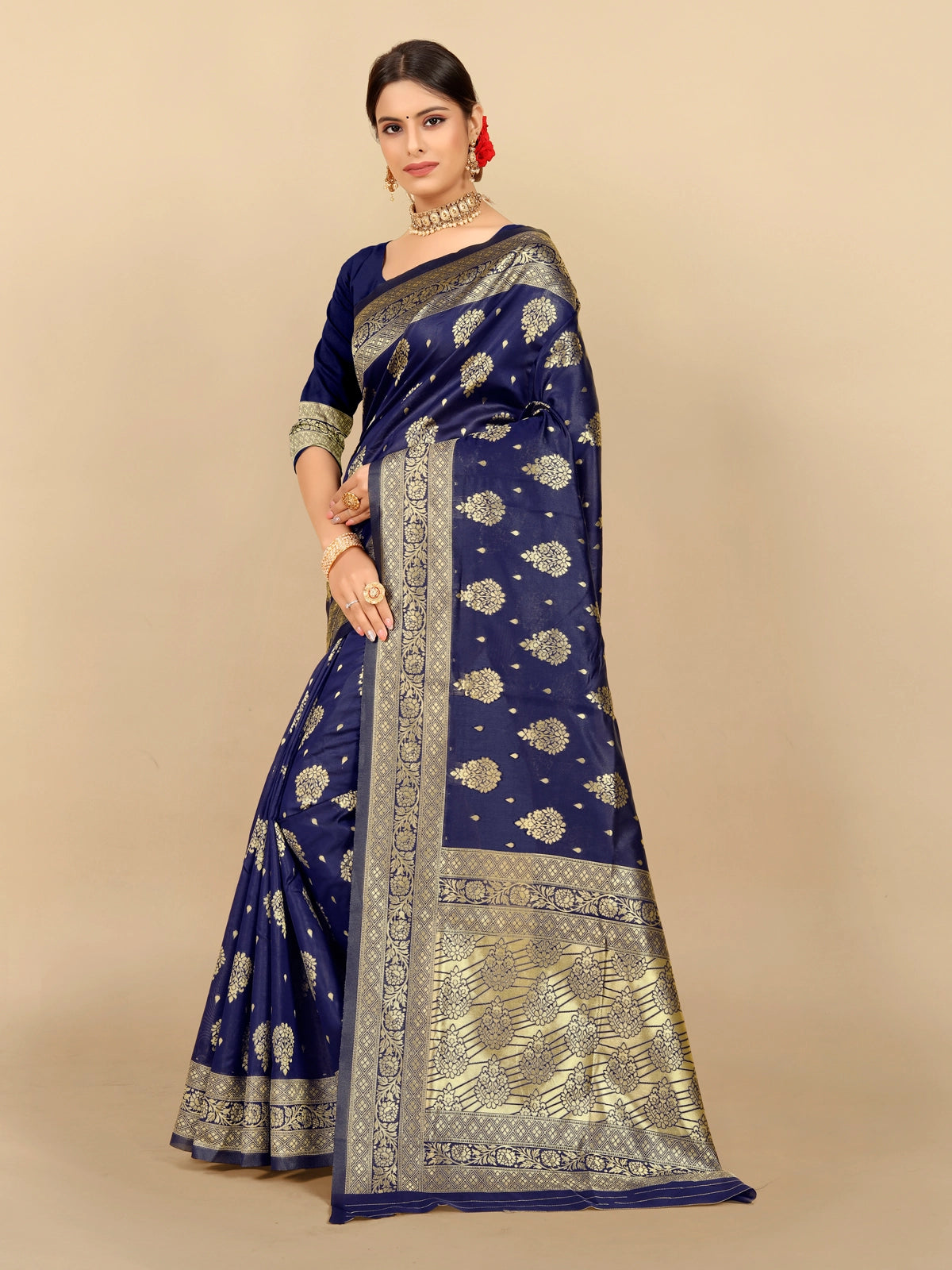 Buy Ethnic Motifs Woven Banarasi Silk Saree With Blouse Piece-Blue