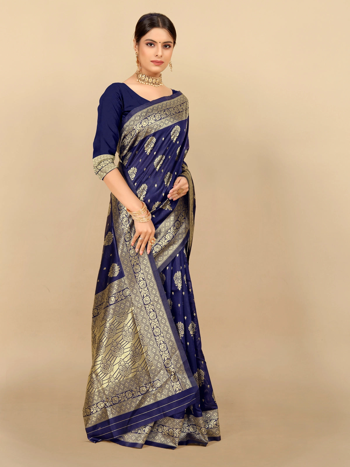 Buy Ethnic Motifs Woven Banarasi Silk Saree With Blouse Piece-Blue