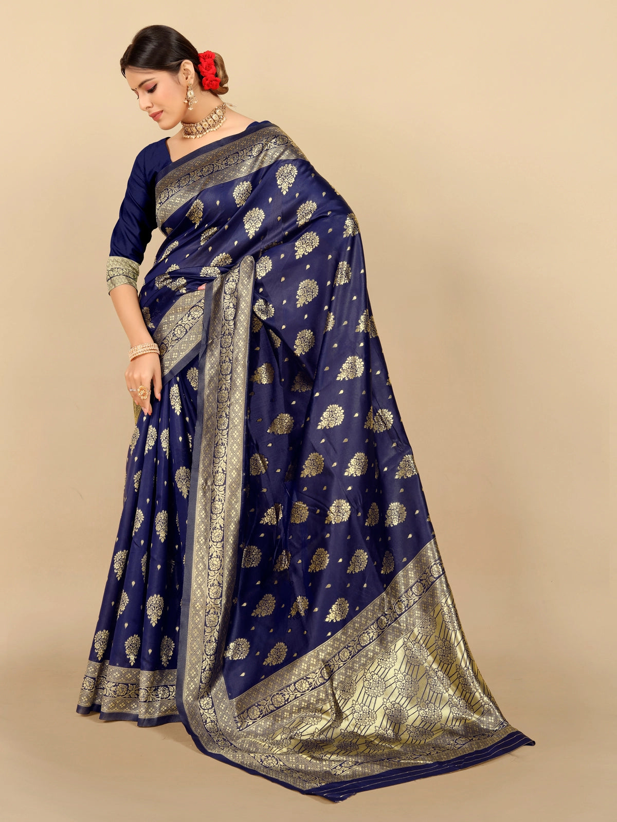 Buy Ethnic Motifs Woven Banarasi Silk Saree With Blouse Piece-Blue