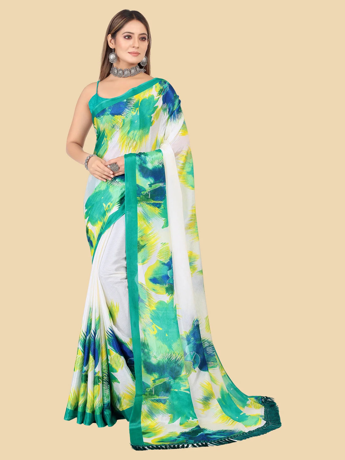 Buy Abstract Printed Designer Chiffon Saree With Blouse Piece-Mint Green