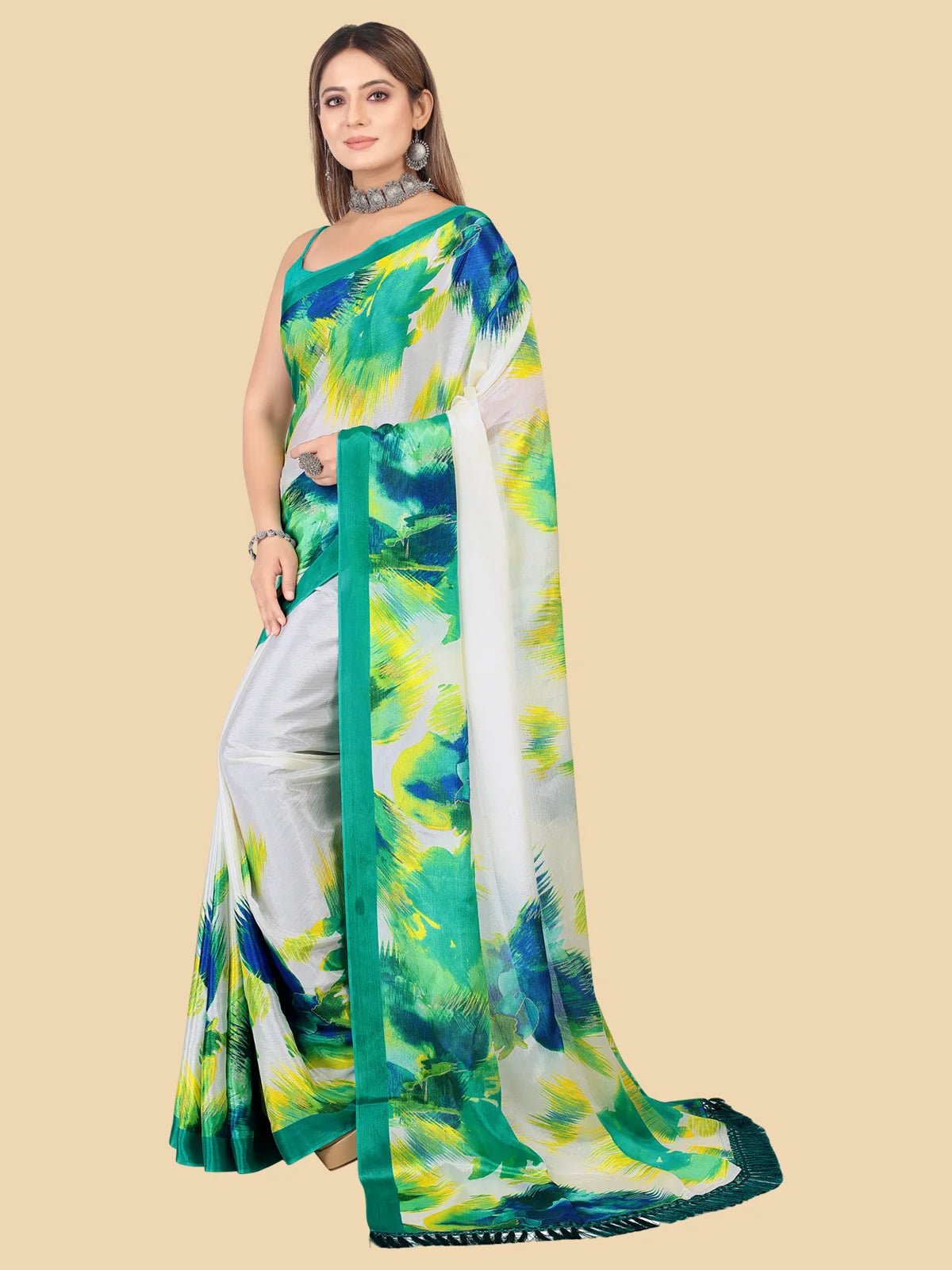 Buy Abstract Printed Designer Chiffon Saree With Blouse Piece-Mint Green