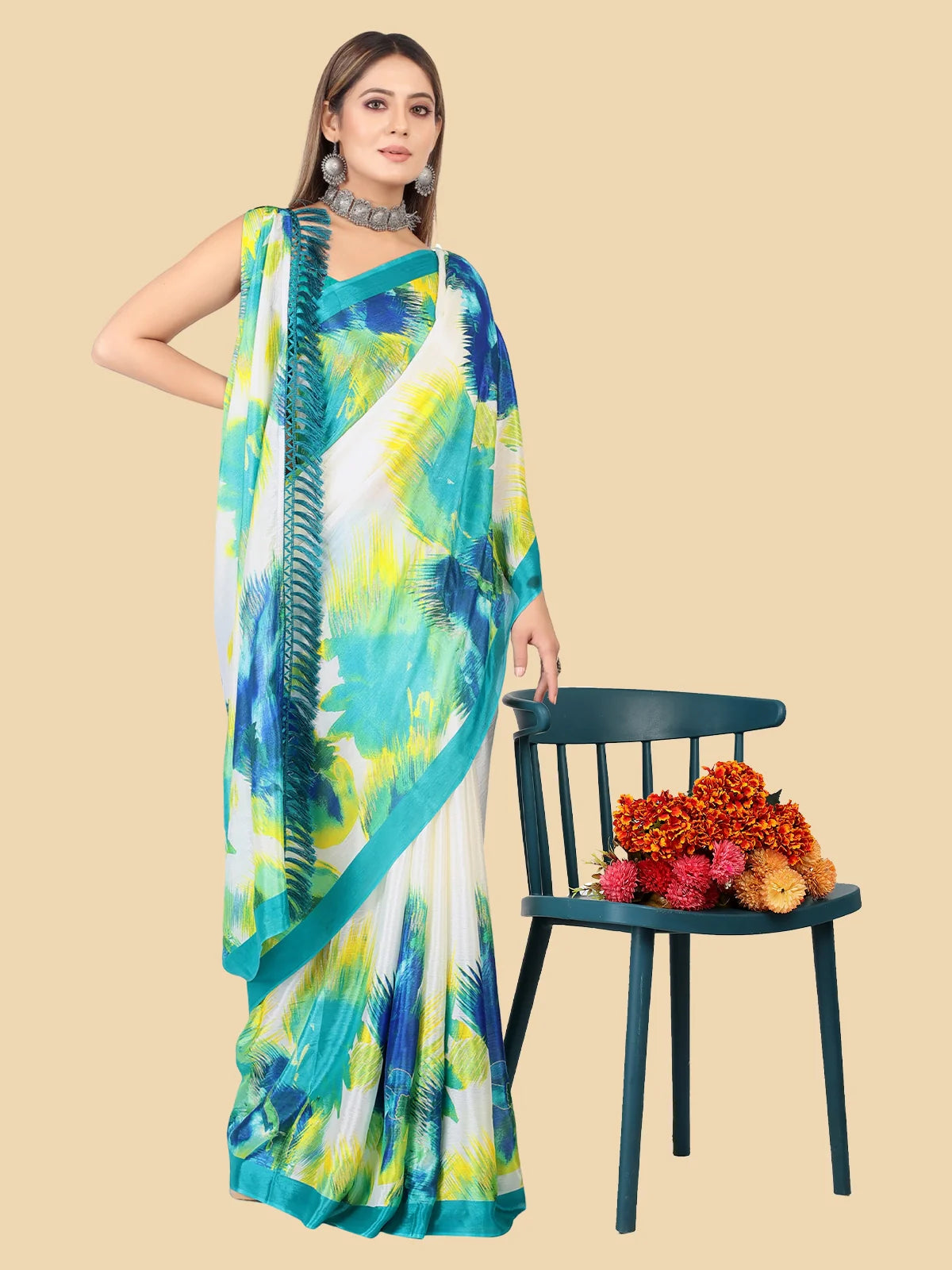 Buy Abstract Printed Designer Chiffon Saree With Blouse Piece-Mint Green