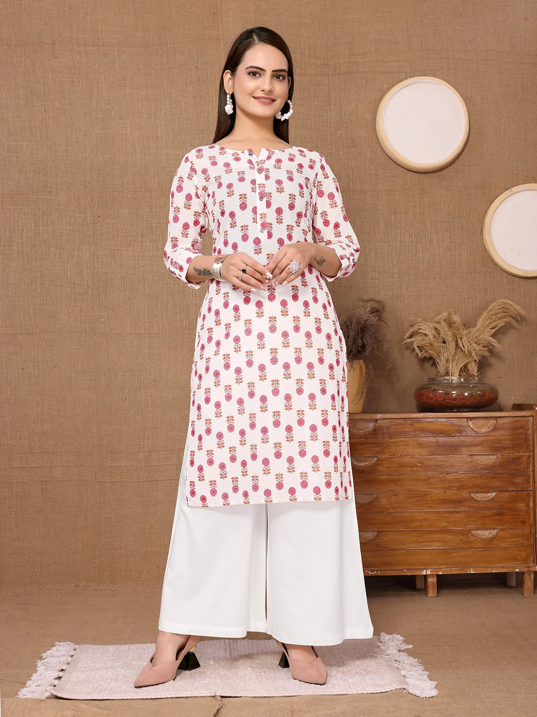 Buy Cotton Printed Knee Length Straight Kurta-White