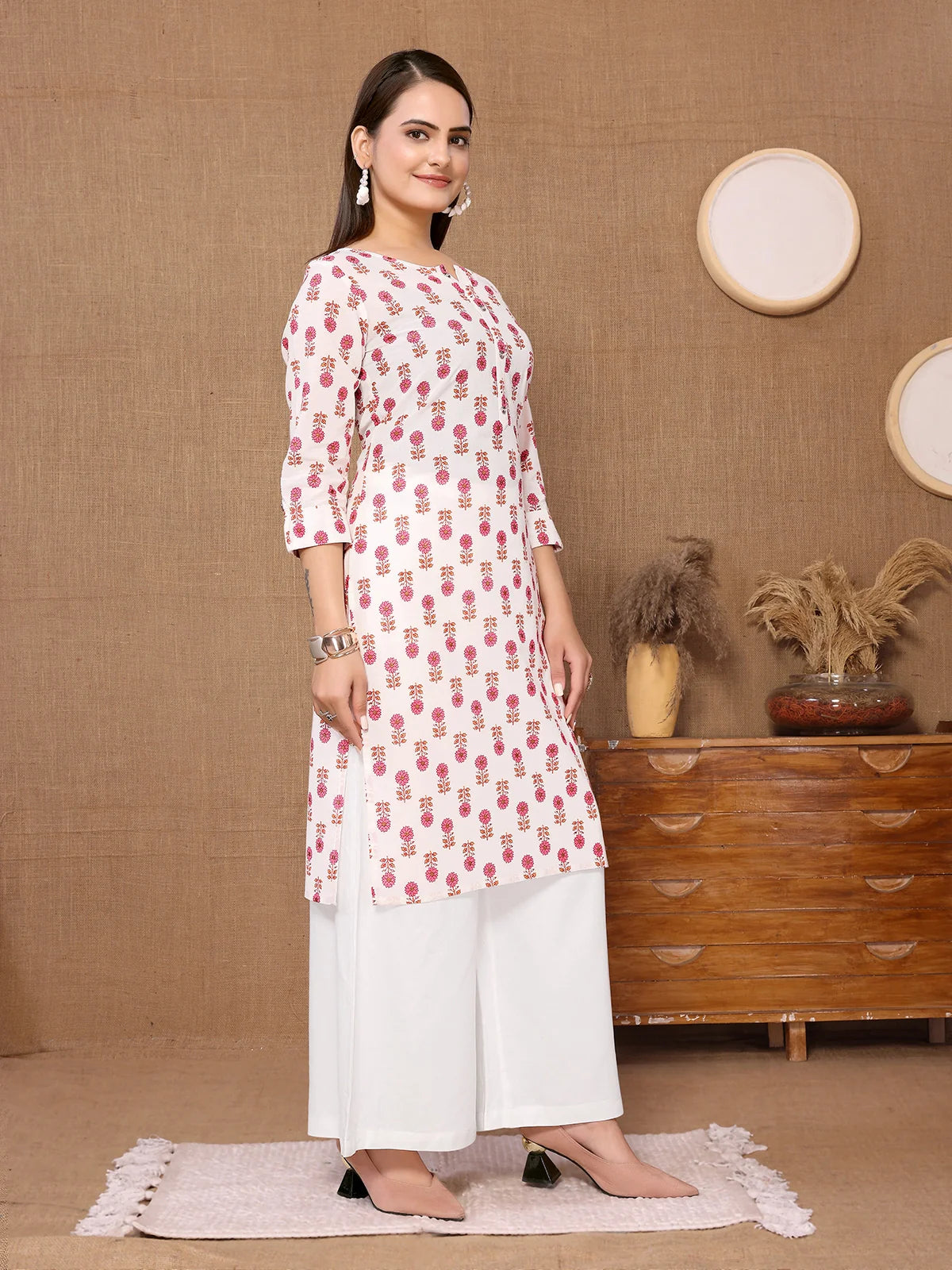 Buy Cotton Printed Knee Length Straight Kurta-White