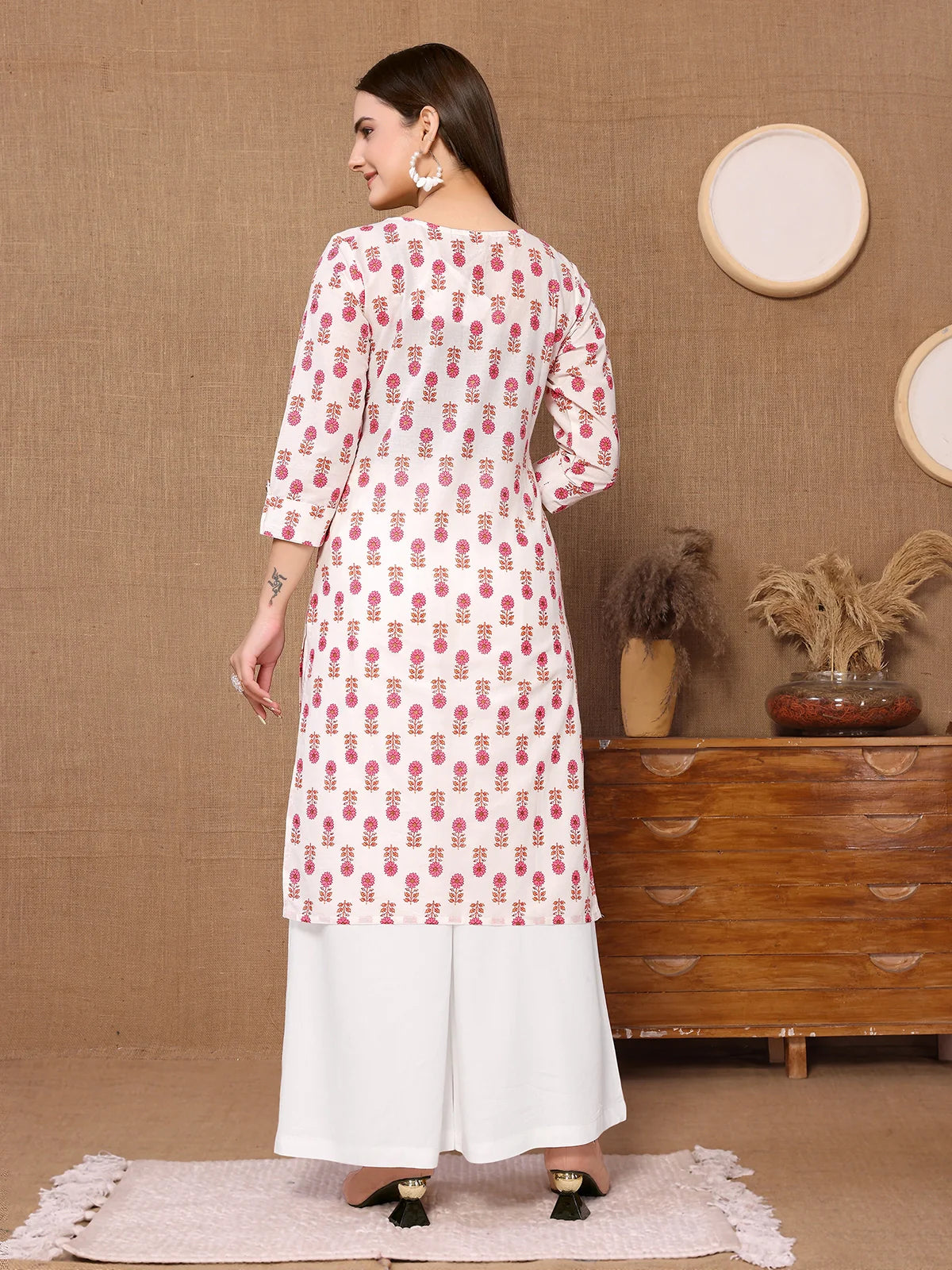 Buy Cotton Printed Knee Length Straight Kurta-White