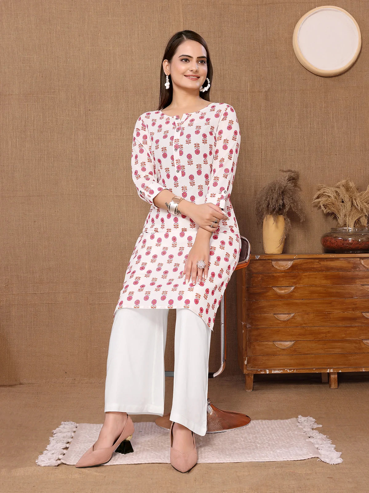 Buy Cotton Printed Knee Length Straight Kurta-White