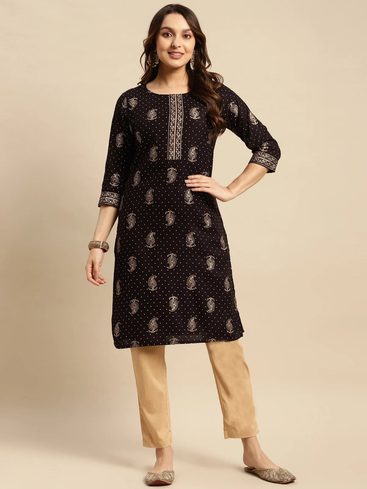 Buy Rayon All Over Polka Dots & Paisley Printed Knee Length Straight Kurta-Black