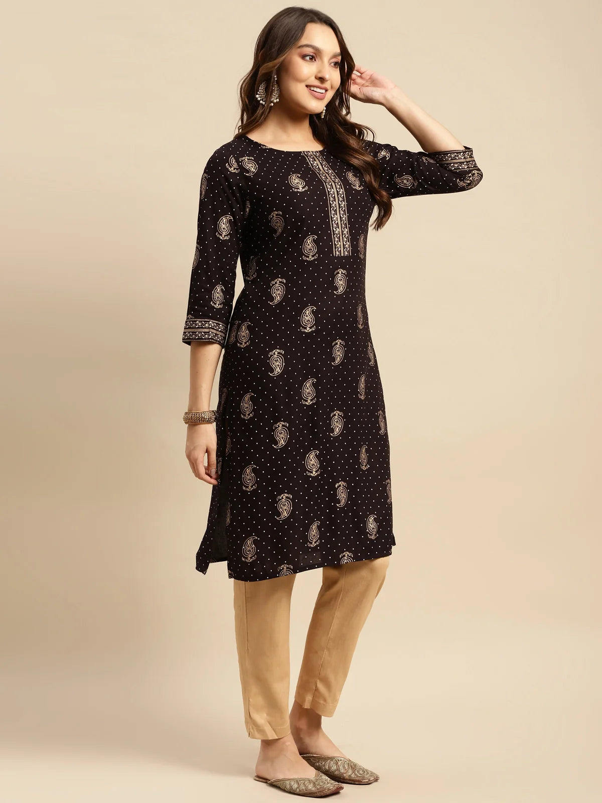 Buy Rayon All Over Polka Dots & Paisley Printed Knee Length Straight Kurta-Black