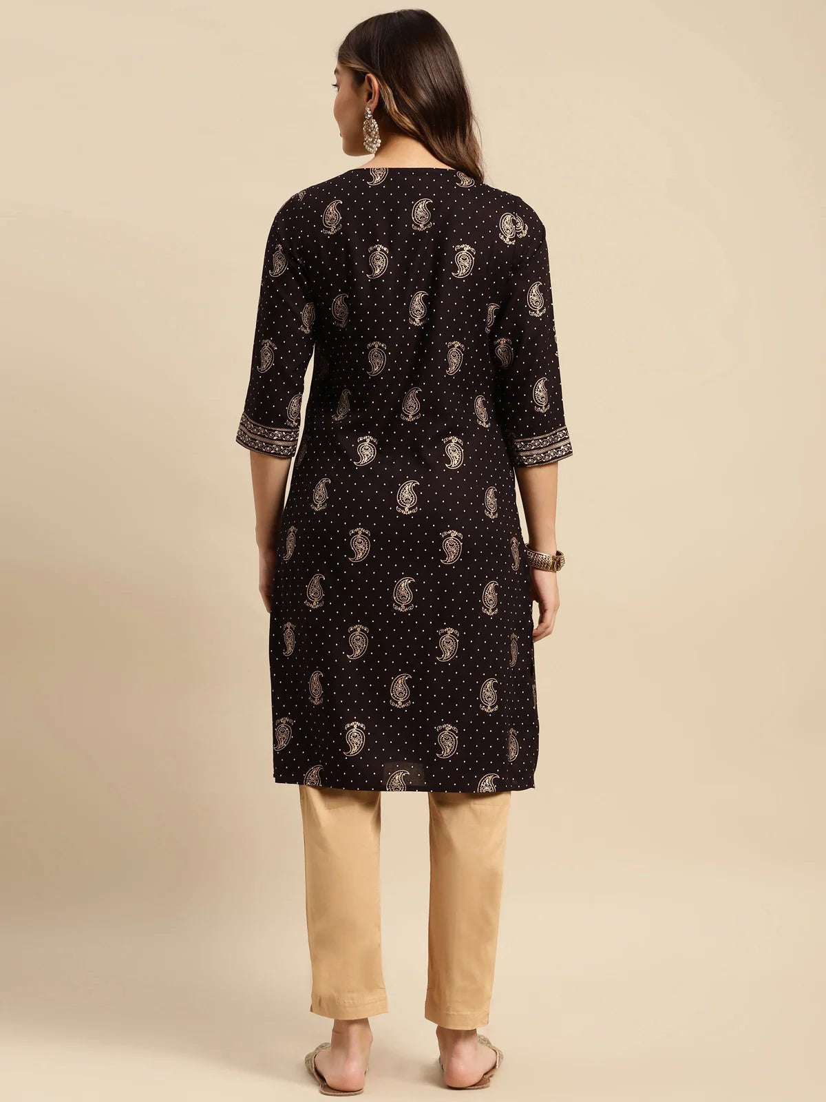 Buy Rayon All Over Polka Dots & Paisley Printed Knee Length Straight Kurta-Black