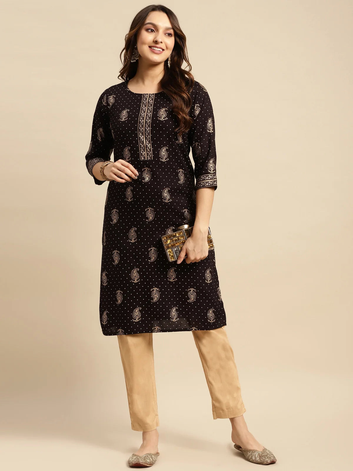 Buy Rayon All Over Polka Dots & Paisley Printed Knee Length Straight Kurta-Black