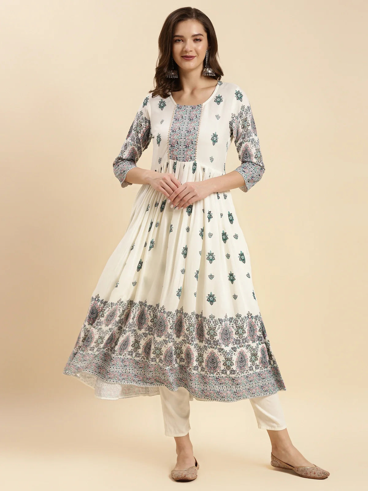 Buy Rayon Printed Calf Length Flared Kurta-White