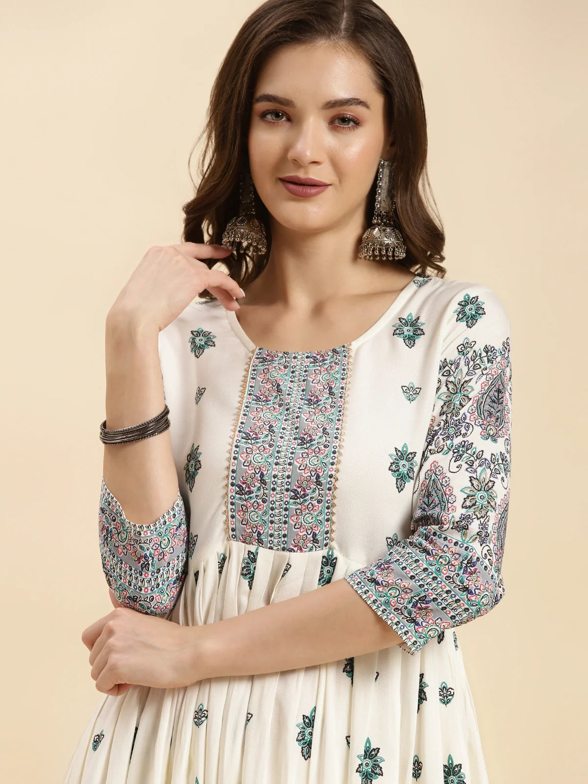 Buy Rayon Printed Calf Length Flared Kurta-White