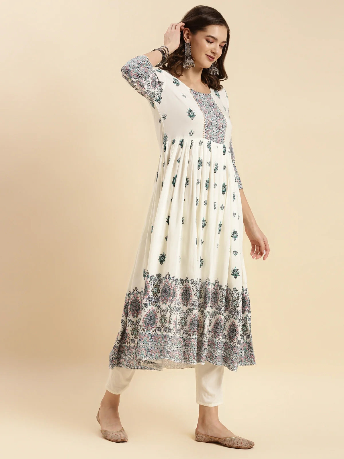 Buy Rayon Printed Calf Length Flared Kurta-White