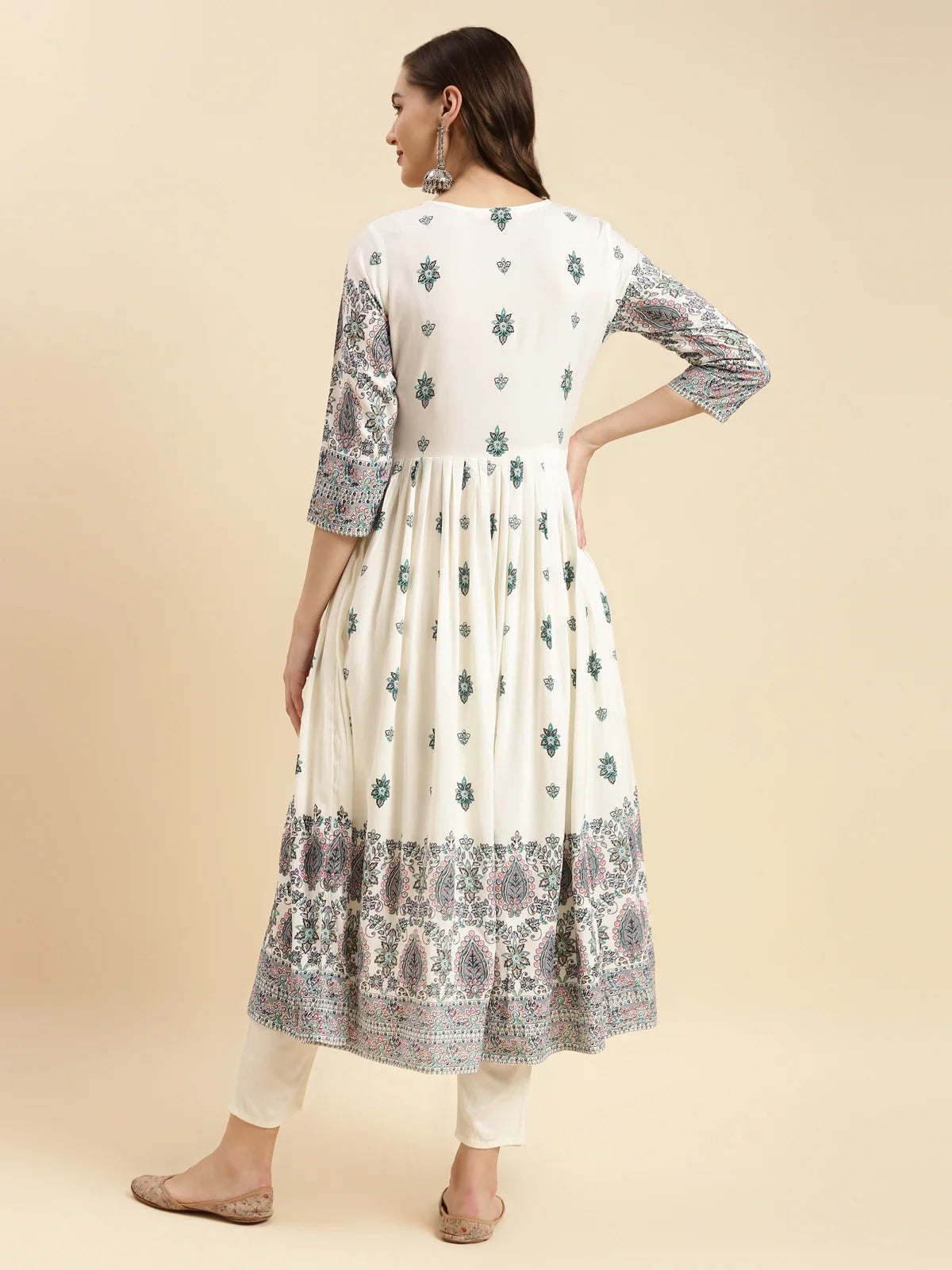 Buy Rayon Printed Calf Length Flared Kurta-White