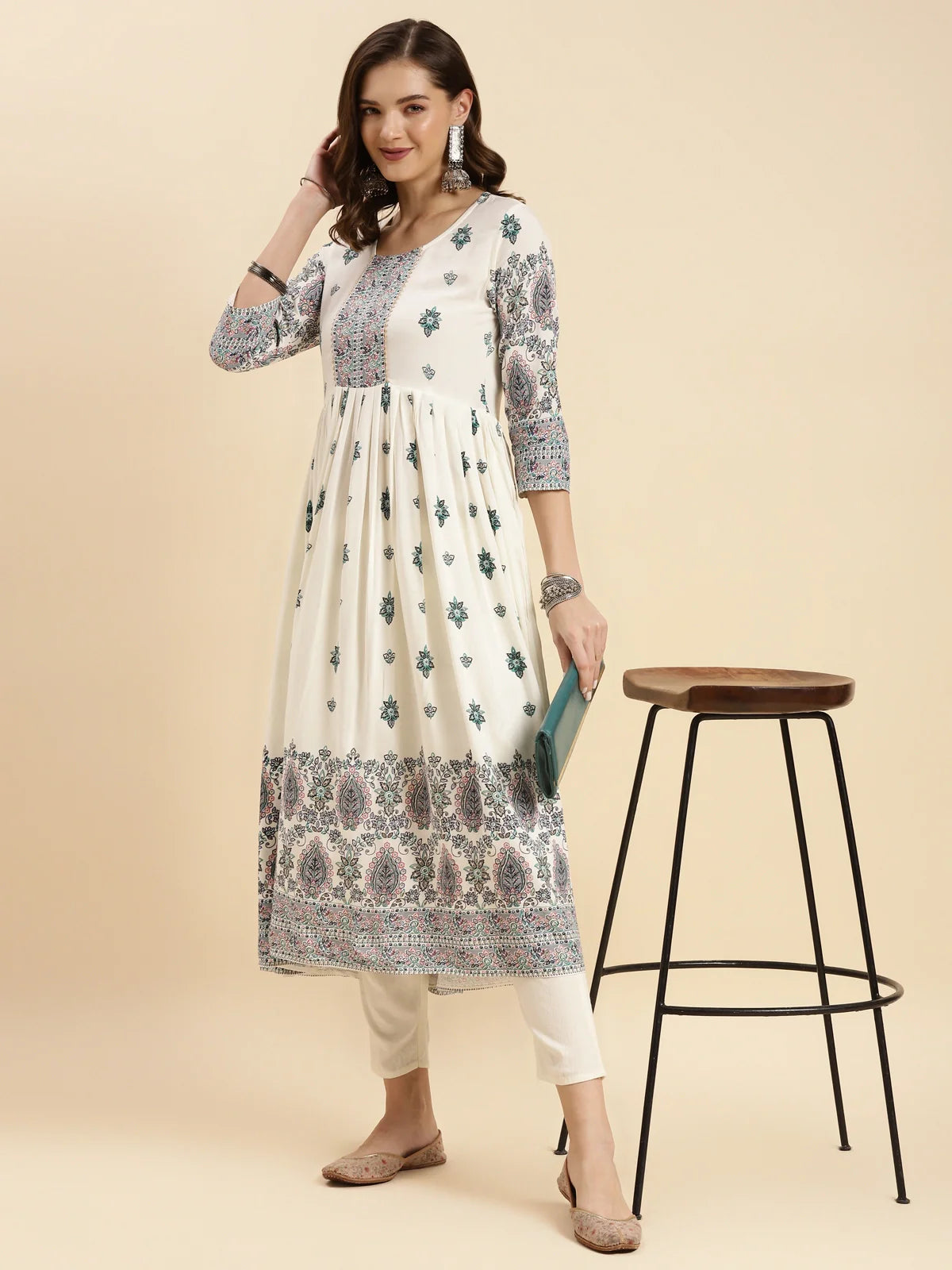 Buy Rayon Printed Calf Length Flared Kurta-White