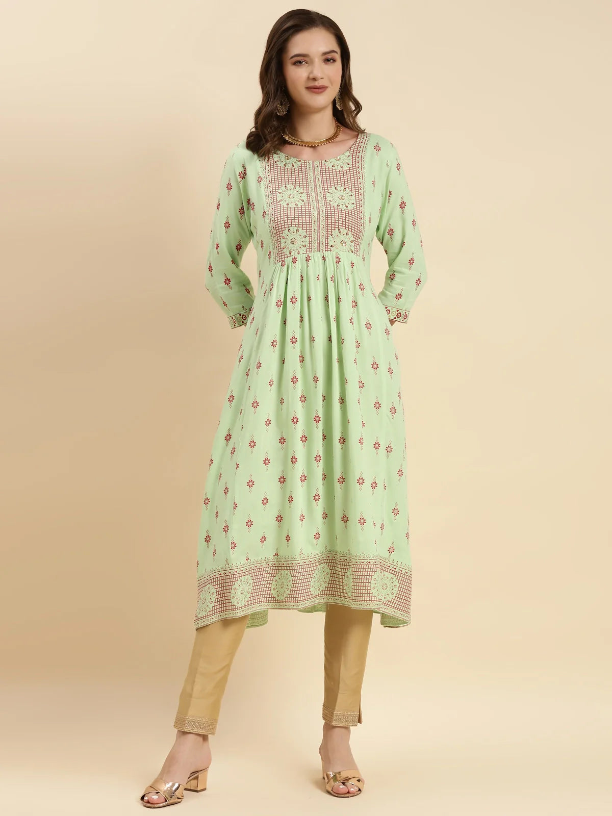 Buy Rayon Embroidered Calf Length Flared Kurta-Mint Green