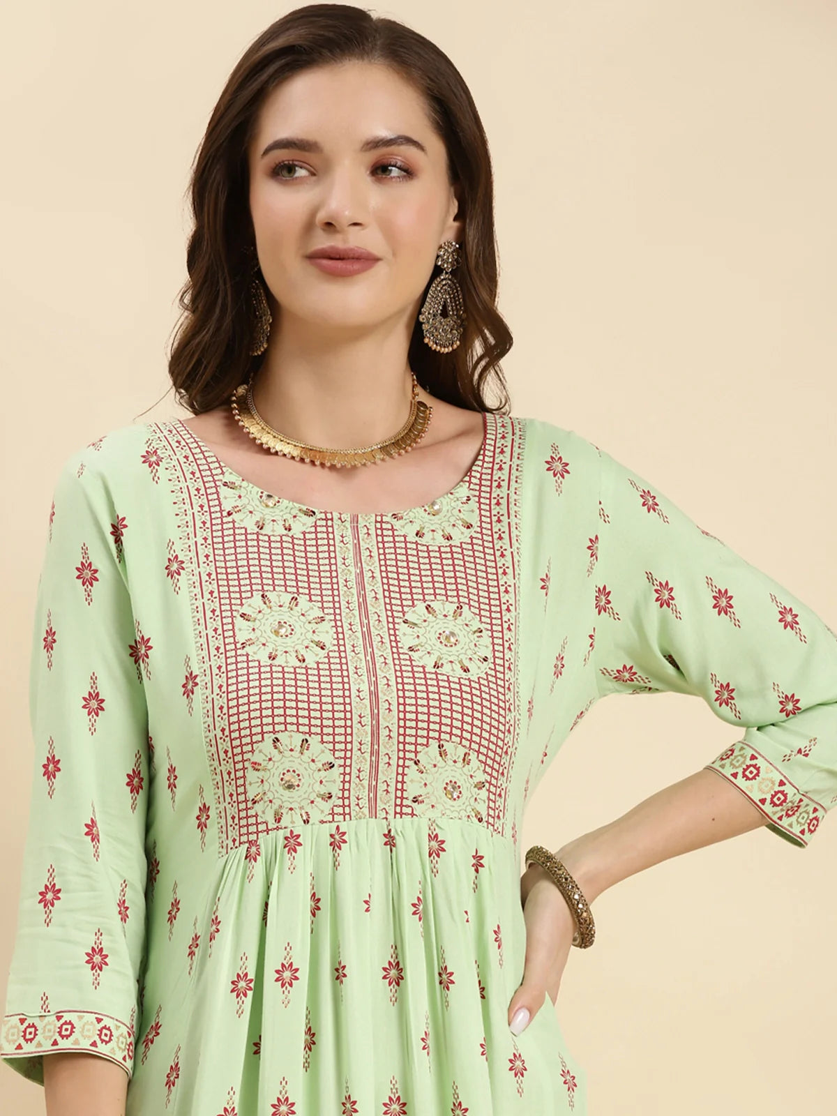 Buy Rayon Embroidered Calf Length Flared Kurta-Mint Green