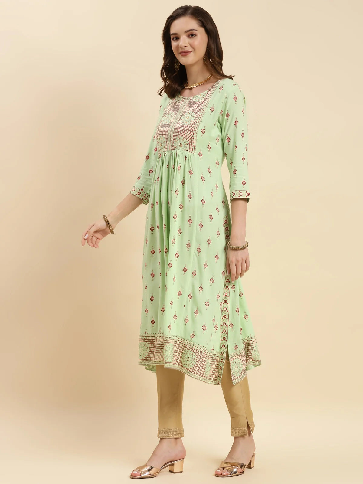 Buy Rayon Embroidered Calf Length Flared Kurta-Mint Green