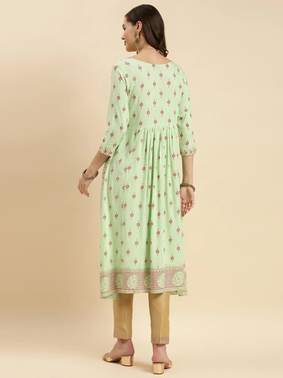 Buy Rayon Embroidered Calf Length Flared Kurta-Mint Green